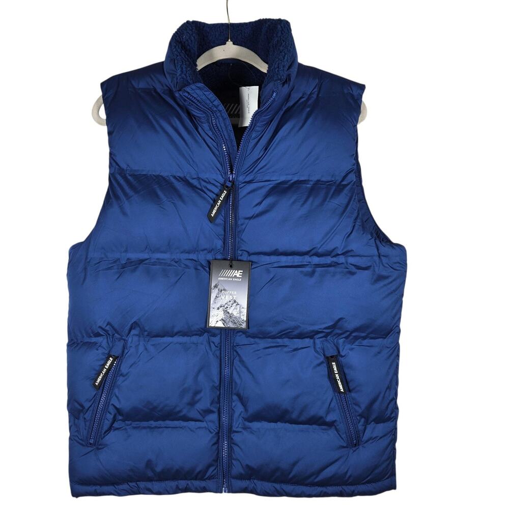 American Eagle Puffer Vest‎ Mens Small NEW Blue Sherpa Water Resistant